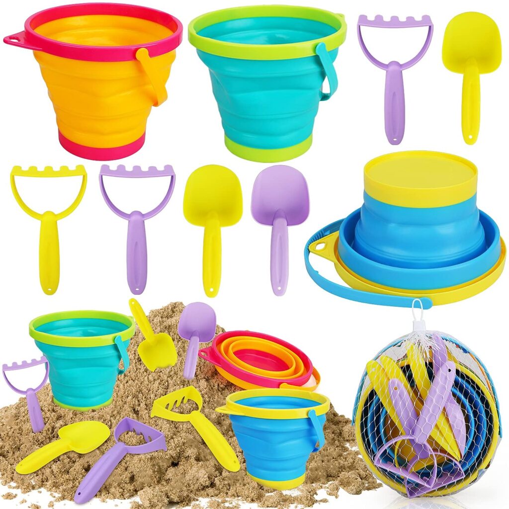 Set of beach toys with collapsible buckets.
