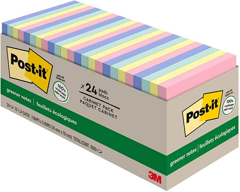 Box of 24 pads of post-its in pink, yellow, blue, purple.