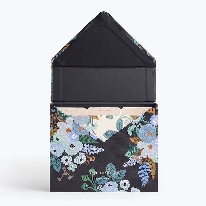 Box with assorted note cards.