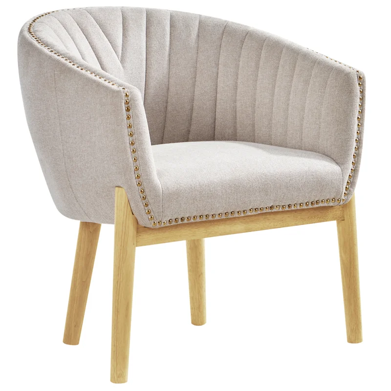 Upholstered barrel accent chair with nailhead trim.