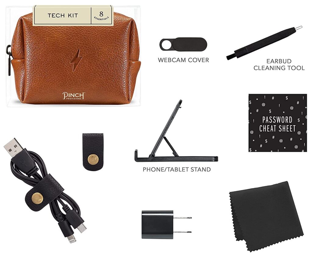 Faux leather pouch with webcam cover, earbud cleaning tool, phone/tablet stand, password cheat sheet, power cord, screen wipe.
