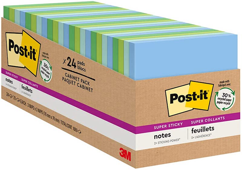 Box of 24 pads of post-its in blues and greens.