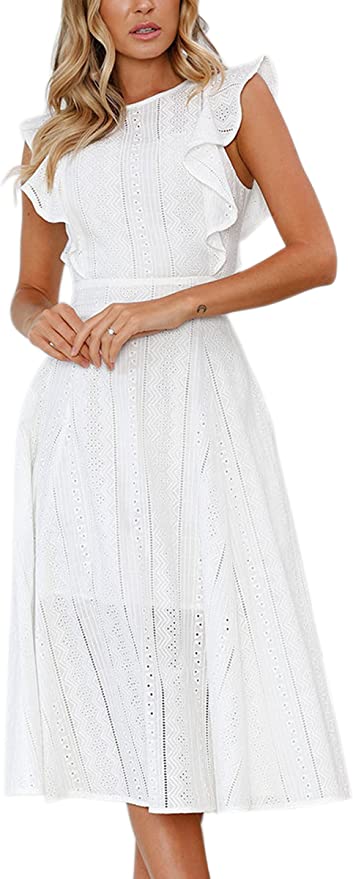white ruffle-shoulder midi dress