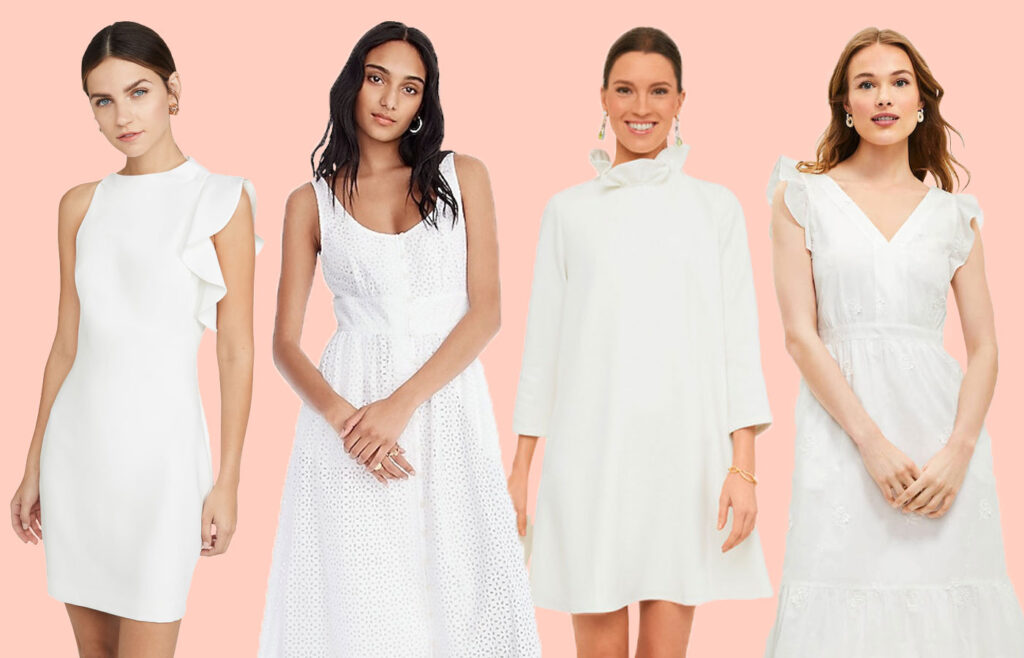 four women wearing white dresses