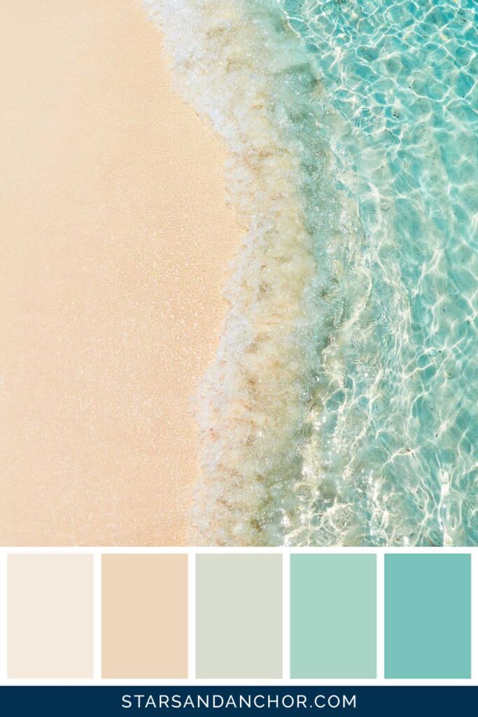 Sand and a wave at the beach and five beachy color palette swatches.