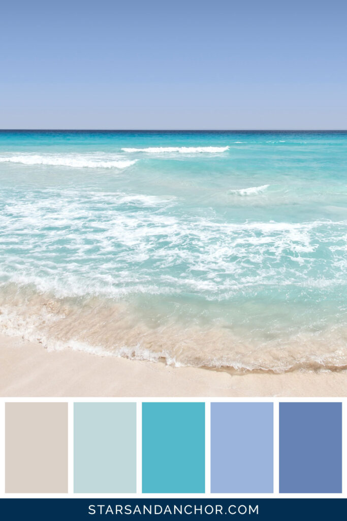 Waves and sand at the beach and 5 beach color palette swatches.