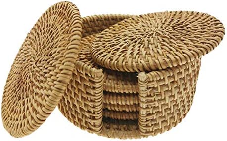 A set of rattan circle coasters and holder.
