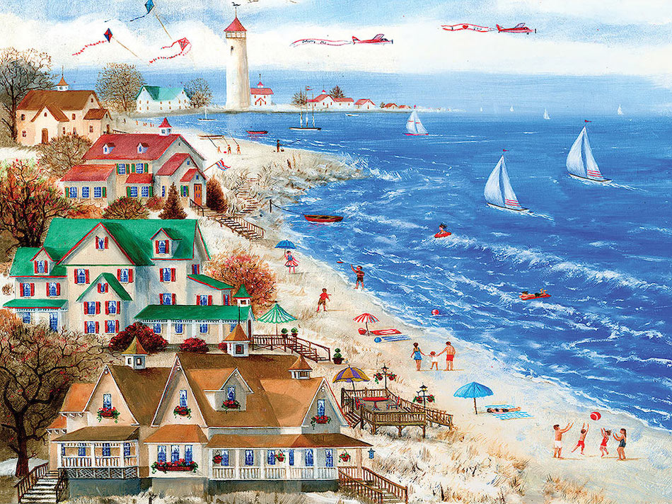 A puzzle of a painting of the beach, ocean, and waterfront houses, to give as beach gifts.