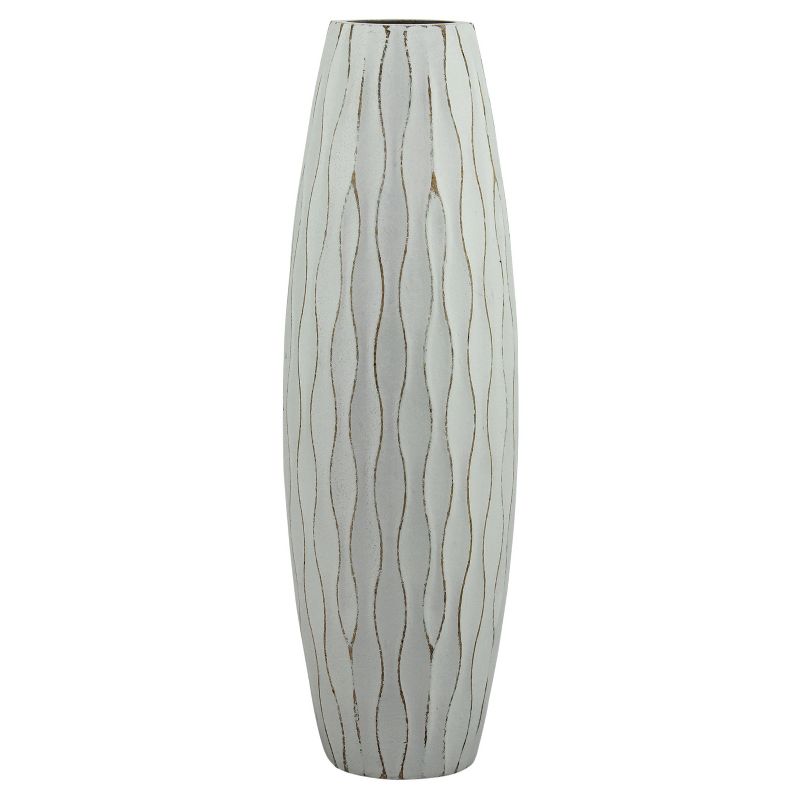 A distressed tall vase with wavy pattern.