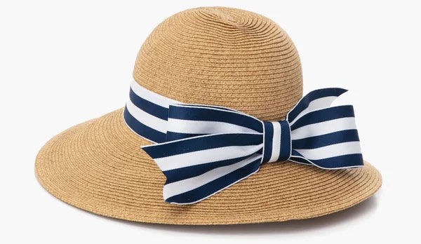 A bow-trimmed woven straw beach hat.