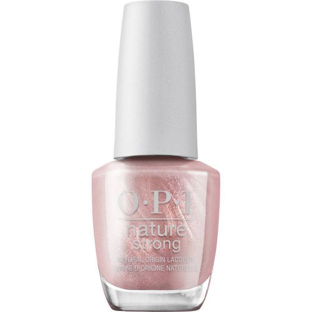 A bottle of OPI Intentions Are Rose Gold metallic nail polish.