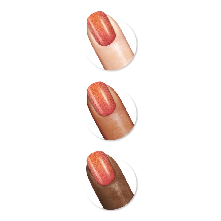 Three fingers of different skin colors with nails painted in Sally Hansen Miracle Gel Sundown Socialite nail polish color for fall.