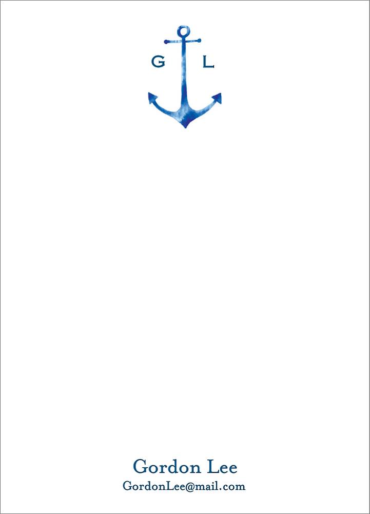 Nautical stationery with an anchor and initials at the top, and a name and email address at the bottom.