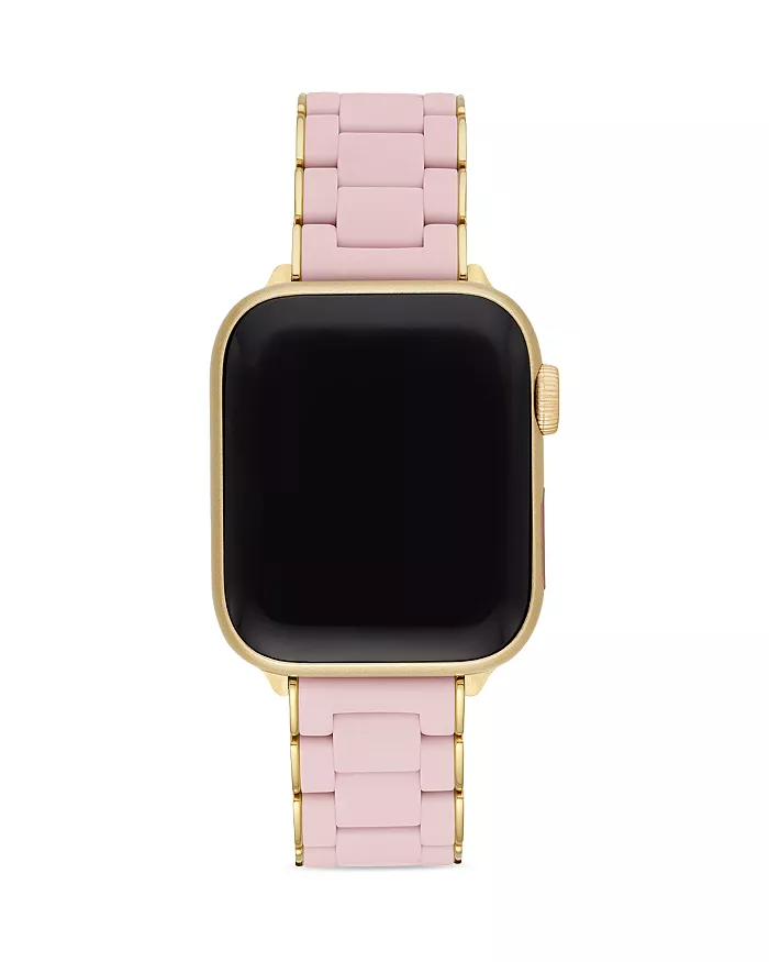 A pink and gold Apple Watch band.