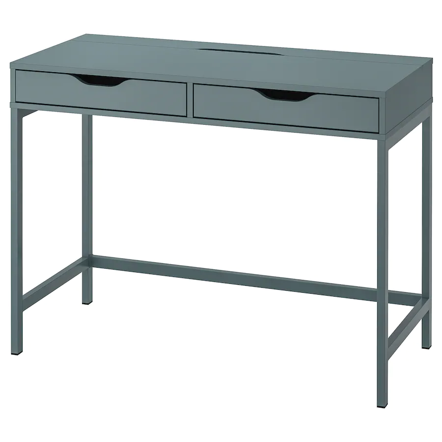 A gray-blue desk with two drawers.