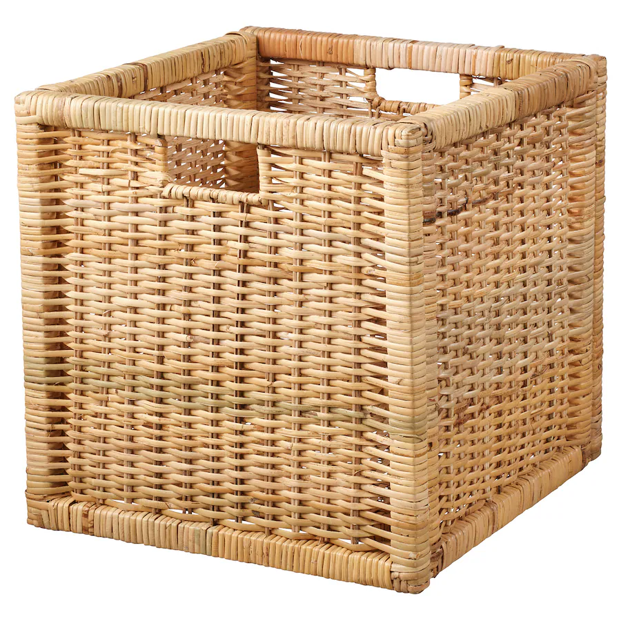 Square rattan basket with handles.