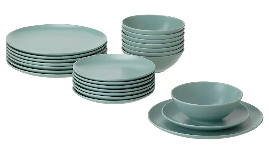 A light turquoise 24-piece dinnerware set consisting of plates and bowls.
