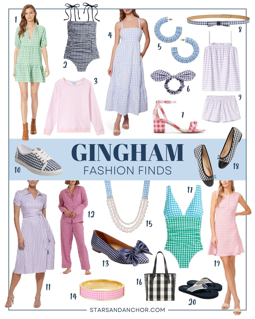 A collage of gingham dresses, tops, jewelry, shoes, pajamas, and accessories.
