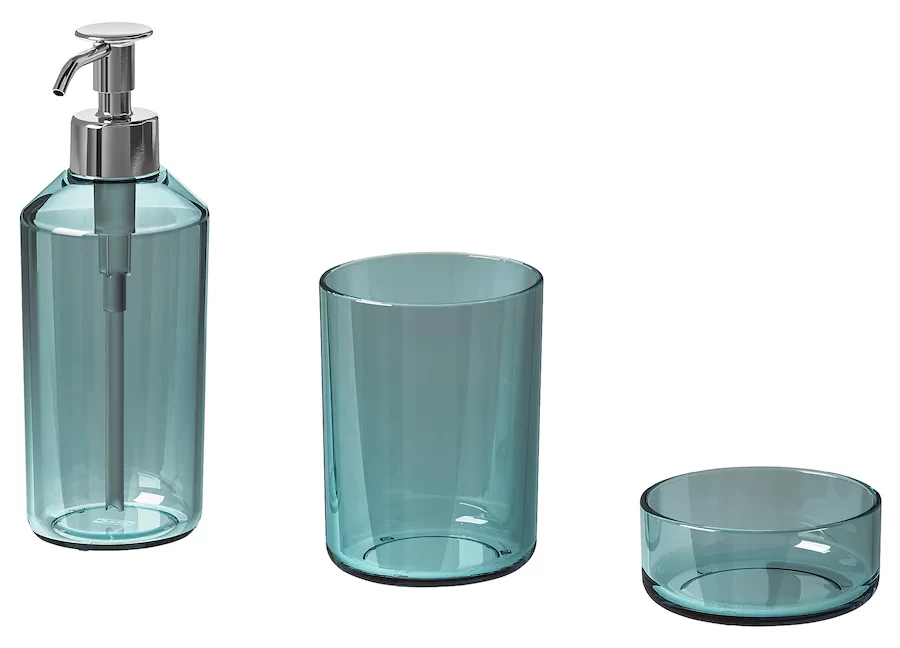 A turquoise 3-piece bathroom set with a soap dispenser, cup, and bowl.