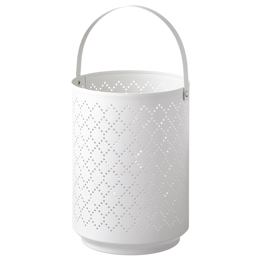 A white lantern with holes in a diamond pattern, and a handle.