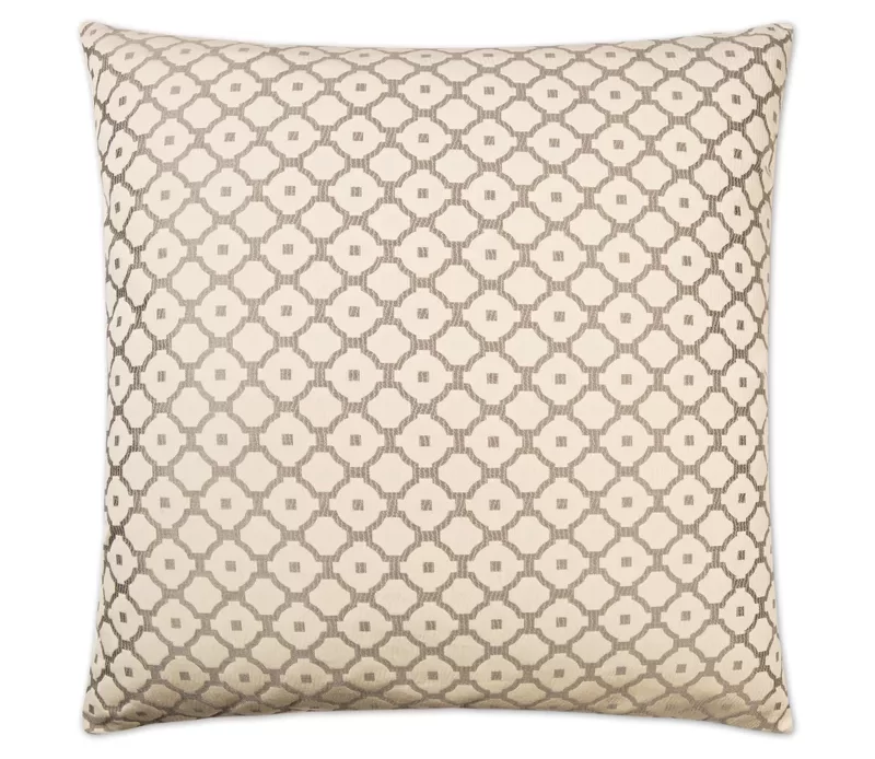 A beige throw pillow with a taupe abstract geometric pattern.