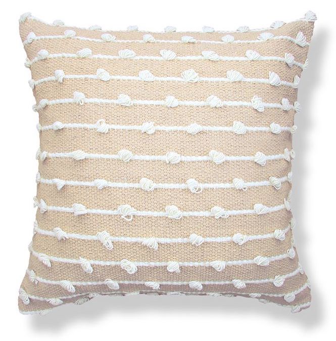 A textured tan pillow with white knotted stripes.