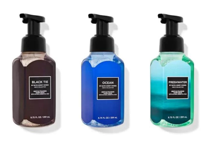 Three men's foaming hand soaps in the scents black tie, ocean, and freshwater.