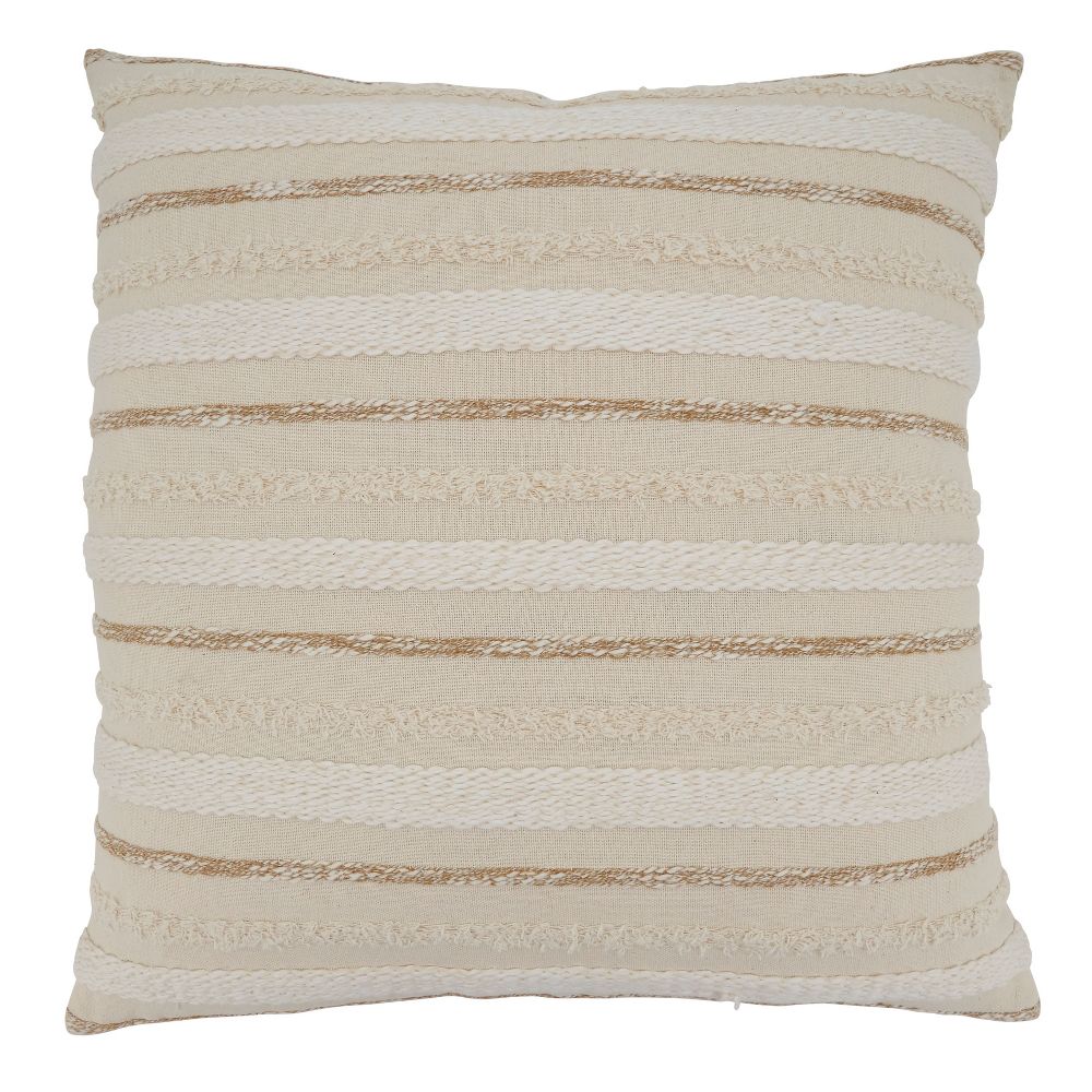 A beige pillow with different-sized stripes of various neutral colors and textures.