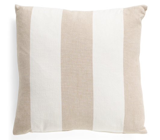 A tan and off-white wide-striped coastal throw pillow.