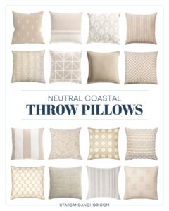A collage containing 16 neutral-colored throw pillows with varying patterns, and the text "Neutral Coastal Throw Pillows" and the web address Stars and Anchor dot com.