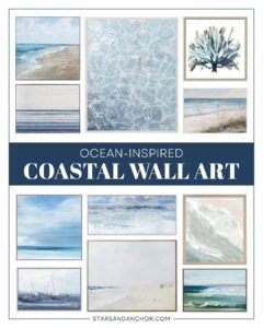 A collage of 11 different pieces of coastal wall art that focuses on the ocean, with the text "ocean-inspired coastal wall art".