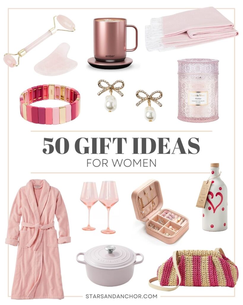 A collage containing a jade roller, warming mug, throw blanket, bracelet, pearl bow earrings, a candle, a bathrobe, wine glasses, a jewelry box, a le creuset pot, a bottle of olive oil with a heart on it, and a pink and natural striped purse, all in shades of pink. The center says "50 gift ideas for women."