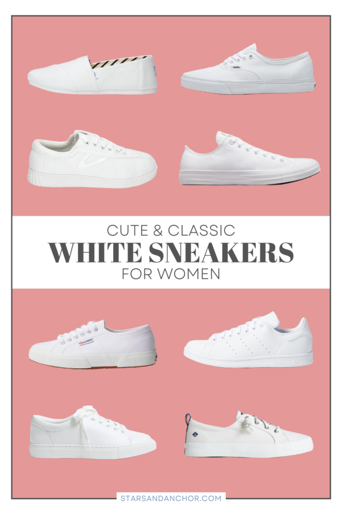 A collage of 8 different white sneakers with the text "Cute & classic white sneakers for women." Stars and Anchor dot com.
