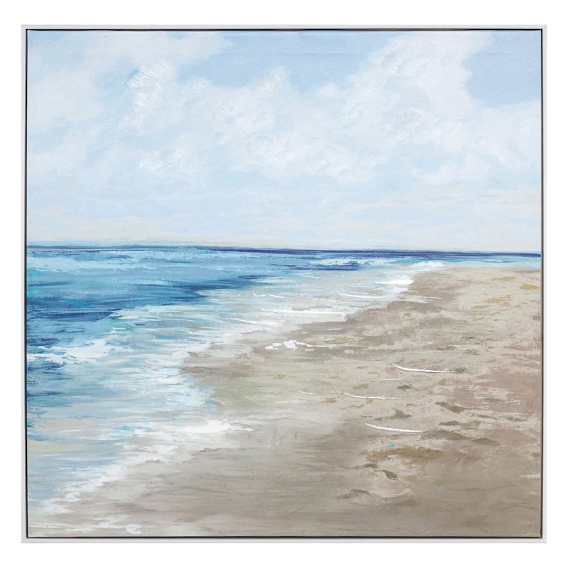 A square painting of the ocean and beach.