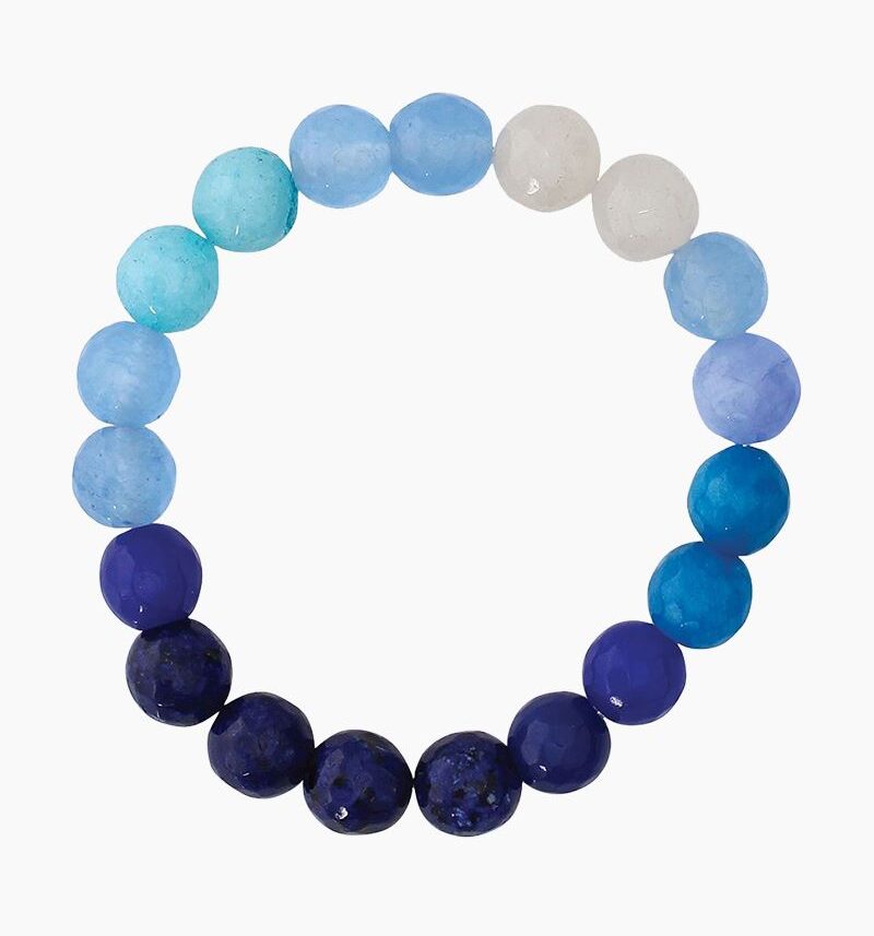 A beaded bracelet in various shades of blue, aqua, and white.