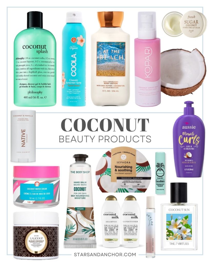 A collage with the text, "Coconut Beauty Products from Stars and Anchor dot com," with numerous products including coconut body wash, coconut sunscreen, coconut body lotion, coconut mist, coconut lip balm, coconut deodorant, coconut hair products, coconut body cream, coconut face mask, coconut hand balm, coconut lip balm, coconut shampoo, coconut conditioner, and coconut perfume.