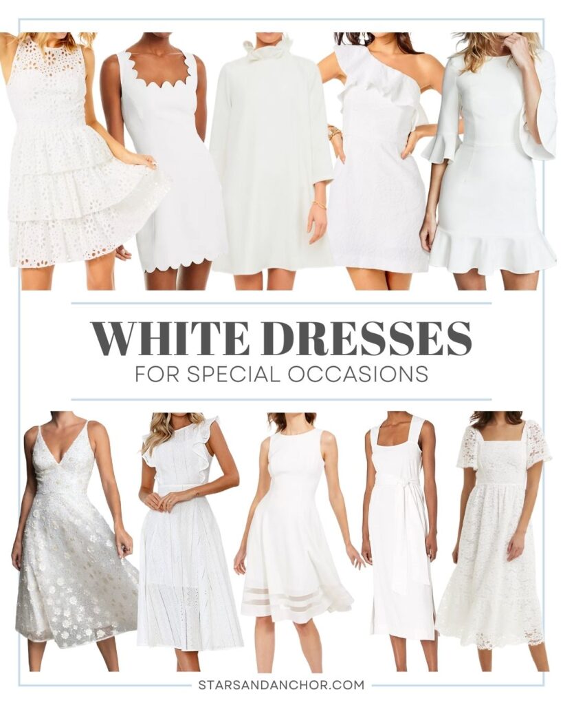 A collage of 10 women wearing different white dresses, ranging from mini dresses to midi dresses to maxi dresses, and a text overlay that reads, "White dresses for special occasions. From Stars and Anchor dot com."