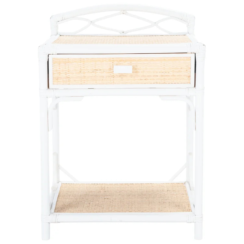 A white wicker and rattan nightstand with one drawer and an open shelf.