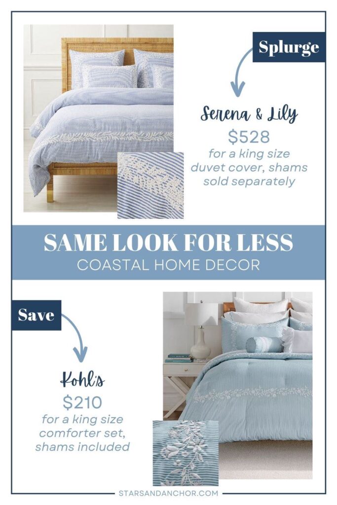 This is a graphic called, "Same Look for Less: Coastal Home Decor." It shows two blue and white striped bedding with a white floral border that look similar and lists the stores they're from and the price. The first item is labeled, "Splurge: Serena and Lily, $528 for a king size duvet cover, shams sold separately." The second item is labeled, "Save: Kohl's, $210 for a king size comforter set, shams included." From Stars and Anchor dot com.