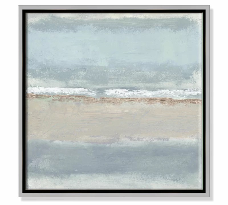 A framed abstract art painting with aqua, white, tan, and gray tones.