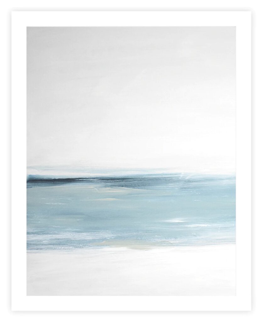 A framed abstract art painting with aqua, white, tan, navy, and gray colors.