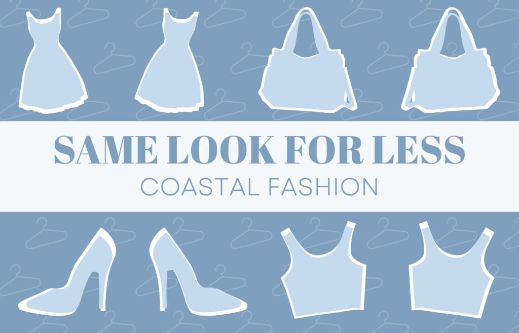 A graphic that reads, "Same Look for Less: Coastal Fashion." The graphic features silhouetted drawings of these items: a dress, a purse, high heel shoes, and a tank top. Each item is doubled to represent fashion designer dupes.