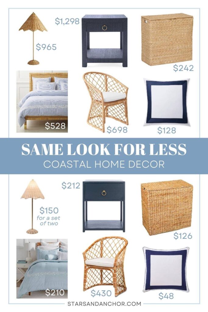 This is a graphic called, "Same Look for Less: Coastal Home Decor. From Stars and Anchor dot com." It shows 6 items on the top half of the graphic with more expensive prices, and then 6 items on the bottom half of the graphic that look similar to the top half, but with less expensive prices.