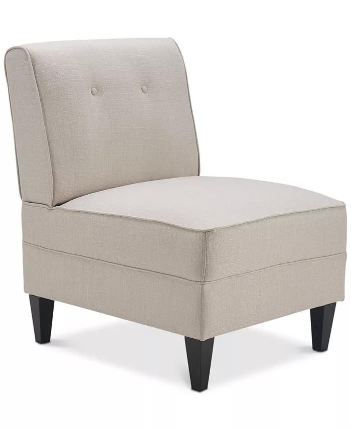 A beige slipper accent chair with black legs.