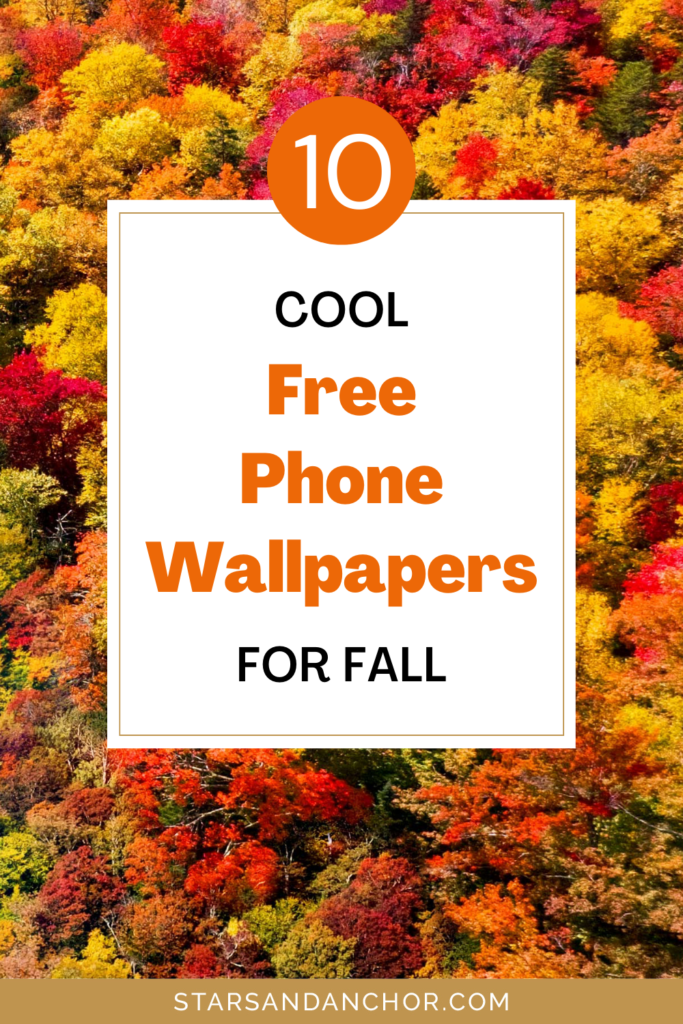 A graphic showing an image of many colorful fall foliage trees and text that reads, 10 cool free phone wallpapers for fall, from Stars & Anchor dot com.