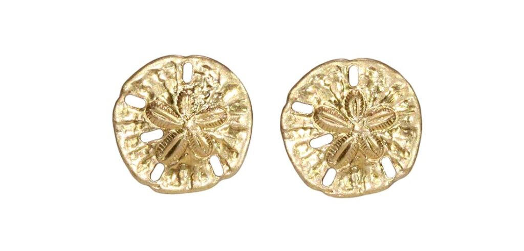 Gold sand dollar stud earrings.