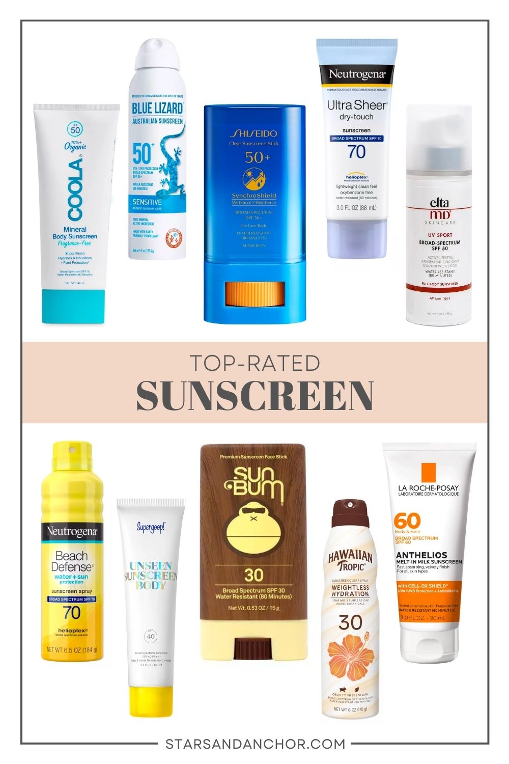 A graphic showing the 10 best sunscreen products that says "top-rated sunscreen."