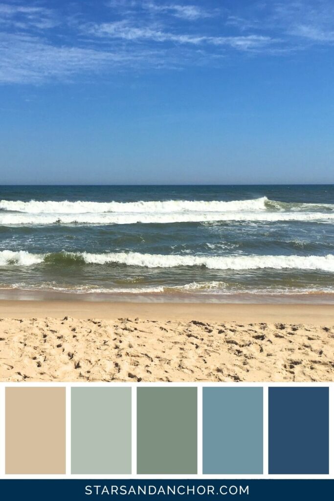 Atlantic Ocean beach waves and sand, and 5 beach color palette swatches.