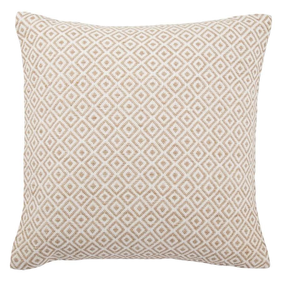 A beige and cream throw pillow with a small diamond pattern.