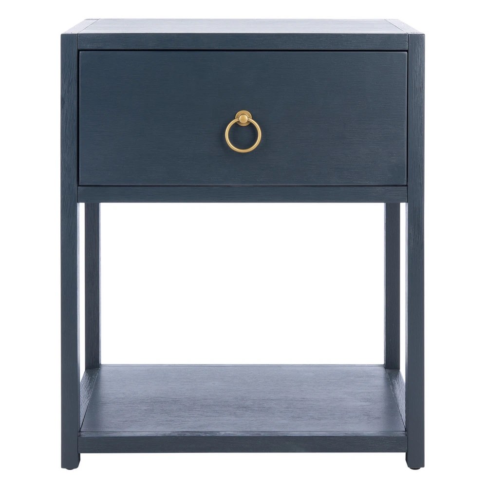 A navy nightstand with one drawer with a brass drawer pull and an open shelf.